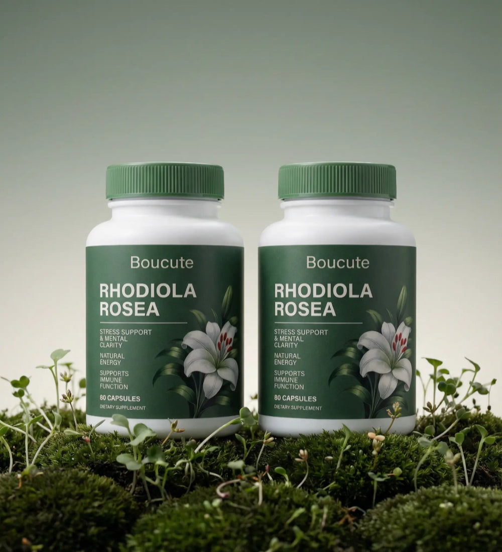 Two bottles of Boucute Rhodiola Rosea on a grassy background