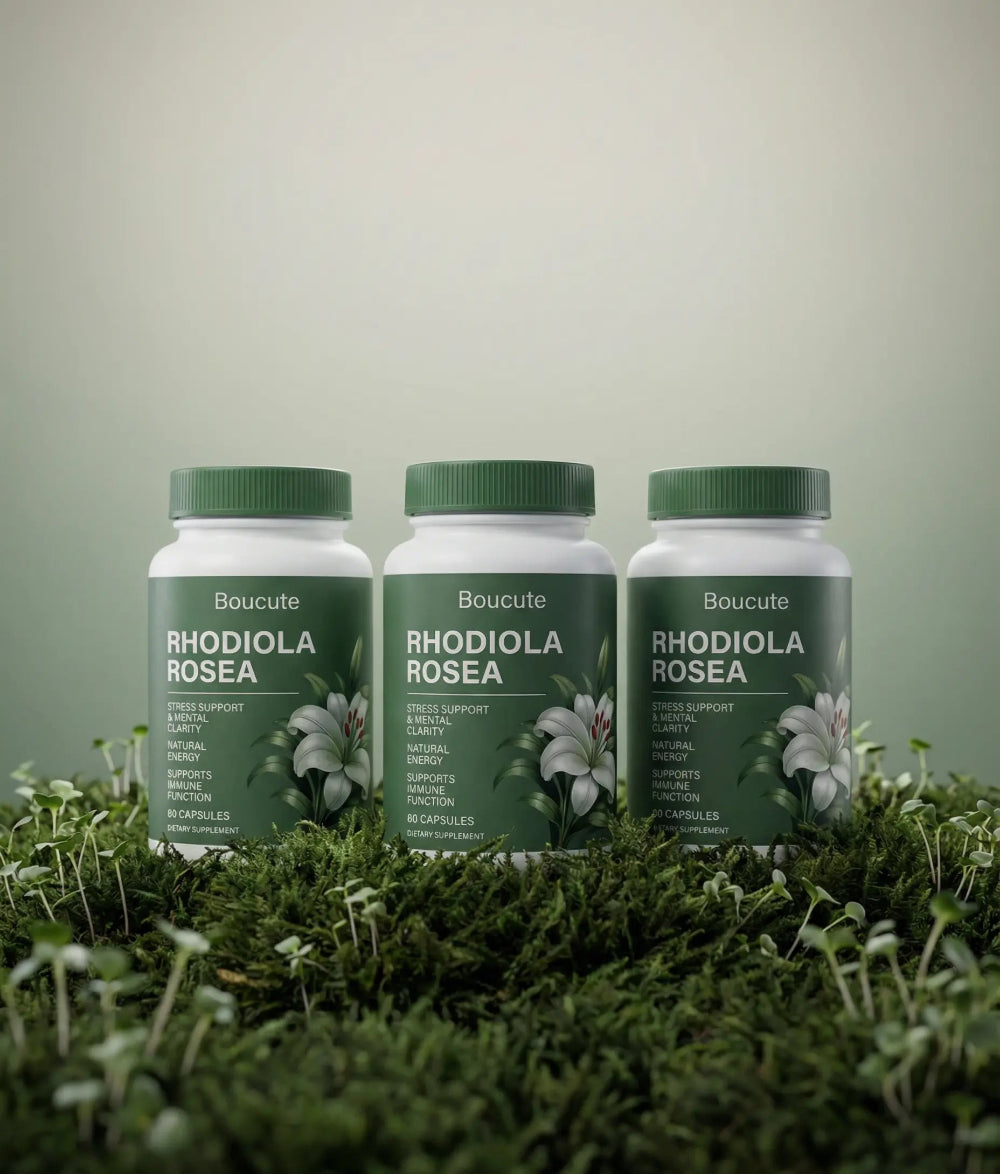 Three bottles of Boucute Rhodiola Rosea supplement on a grassy background