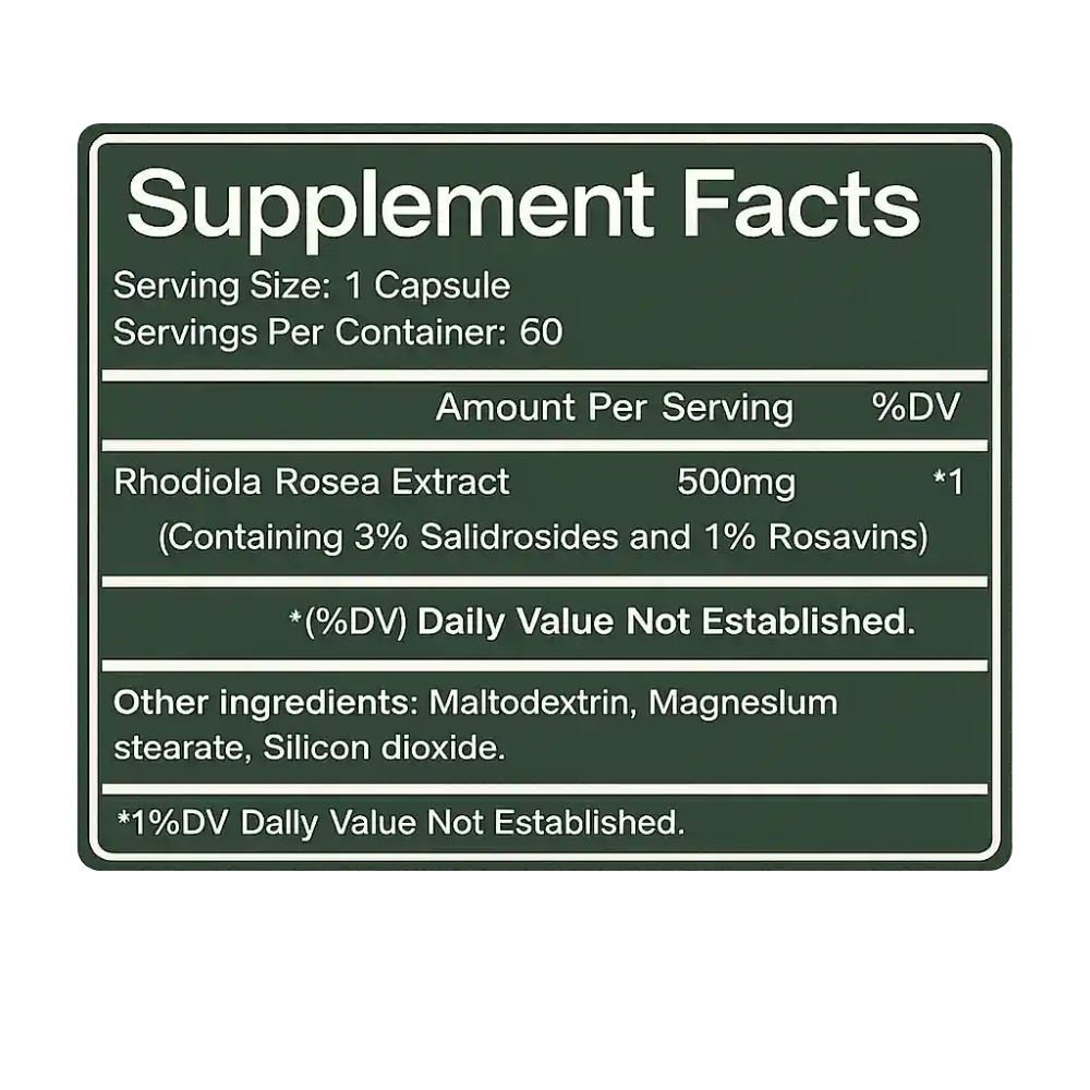 Supplement facts label for Rhodiola Rosea Extract capsules on a green background