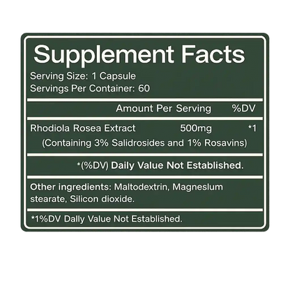 Supplement facts label for Rhodiola Rosea Extract capsules on a green background